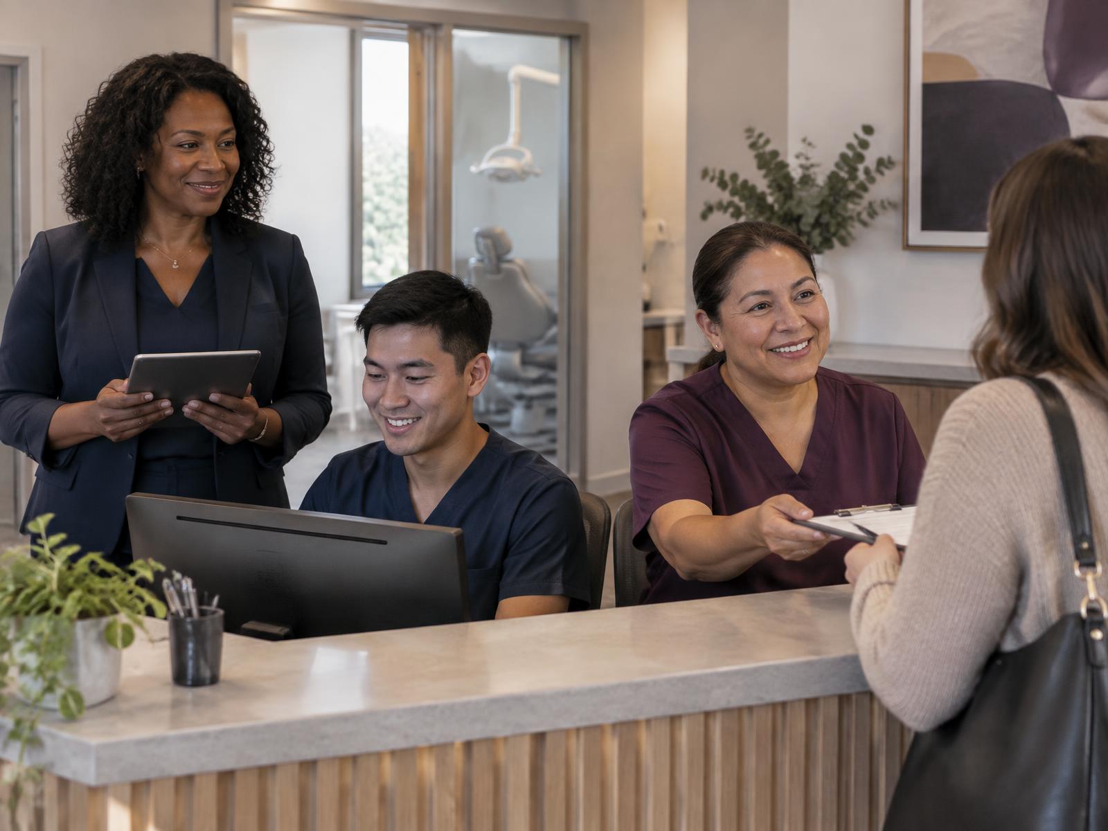 Illustrative photo of a diverse front-desk team at a dental practice reception