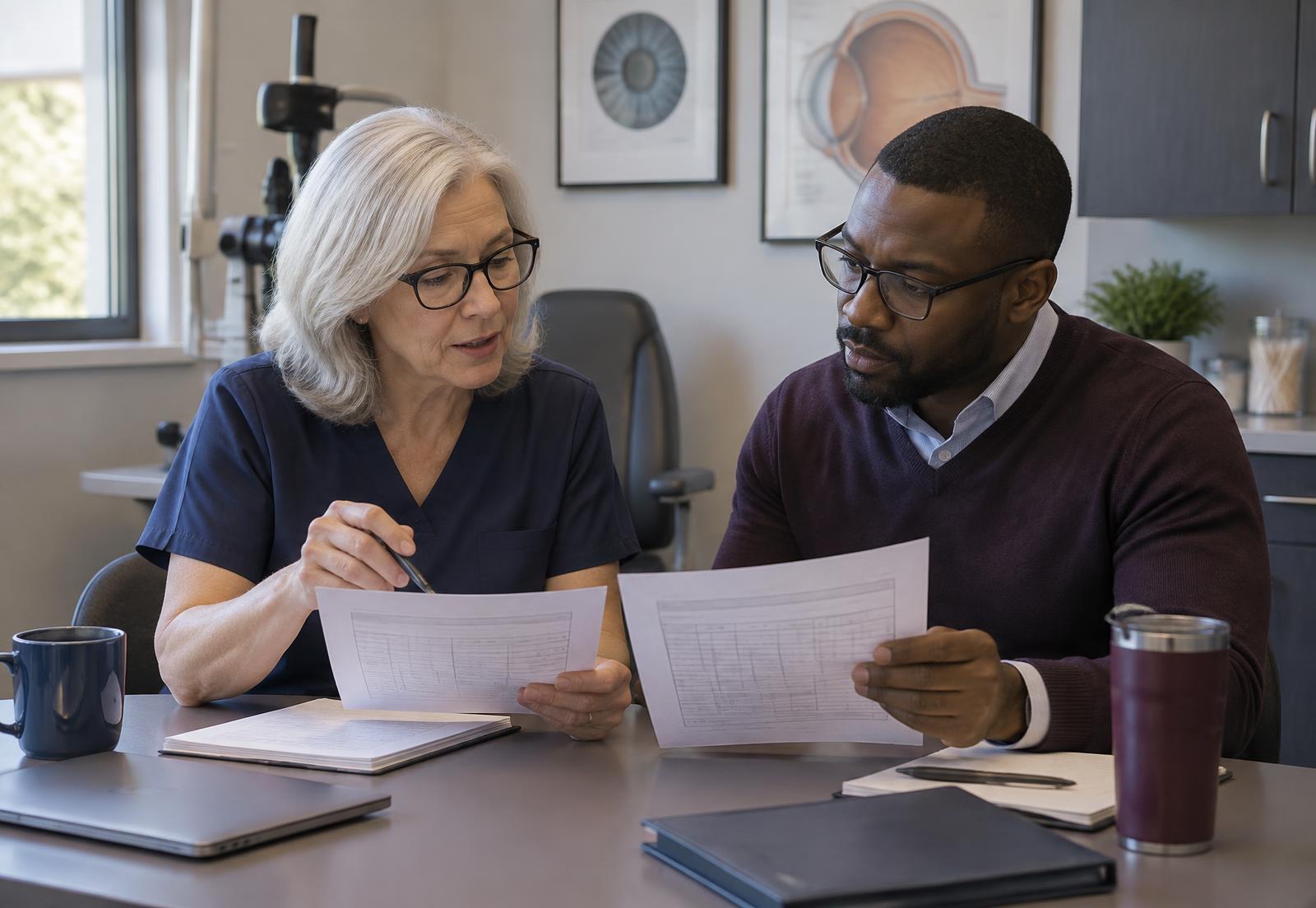 Illustrative photo of a practice owner and office manager reviewing interview scorecards